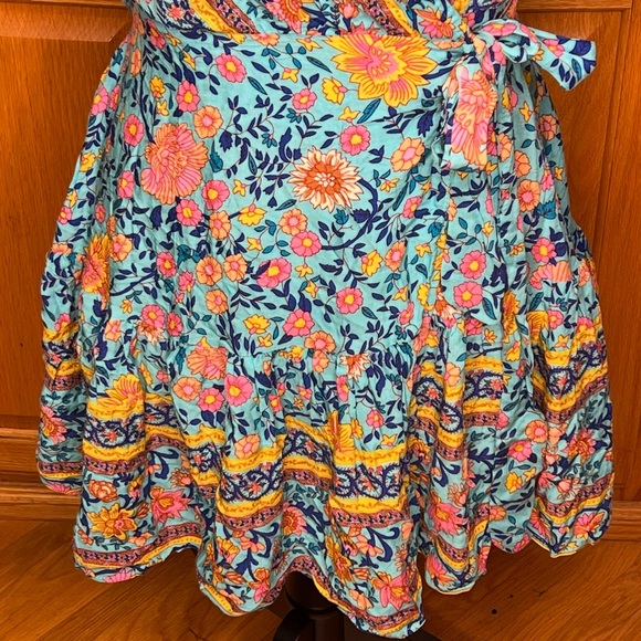 Polly V-Neck Floral‎ Print Ruffle Wrap Mini Dress Blue Pink Bohemian Size 2 - Picture 12 of 16